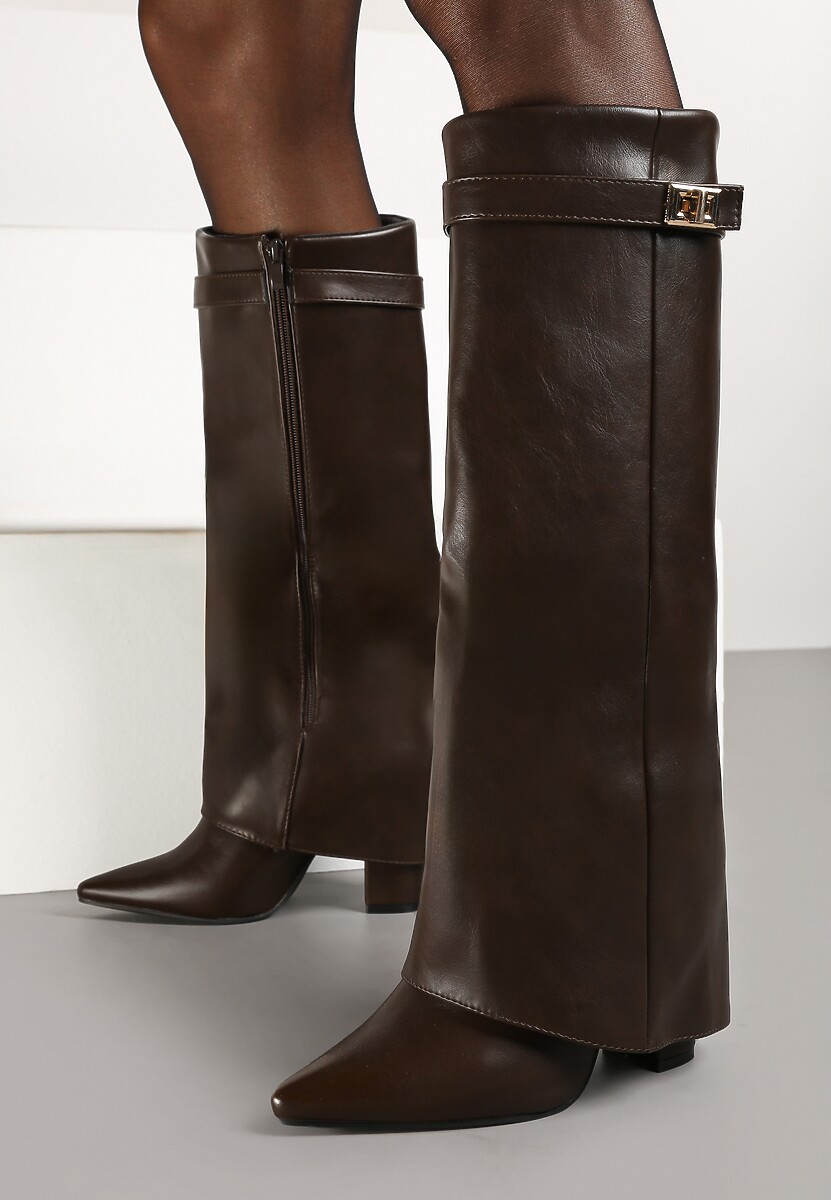 Brązowe Kozaki na Obcasie z Modnie Wywiniętą Cholewką Nartani