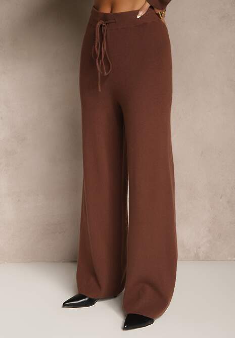 Brązowy Komplet z Dzianiny z Wiskozą Spodnie Wide Leg i Sweter ze Zdobieniami Miomea