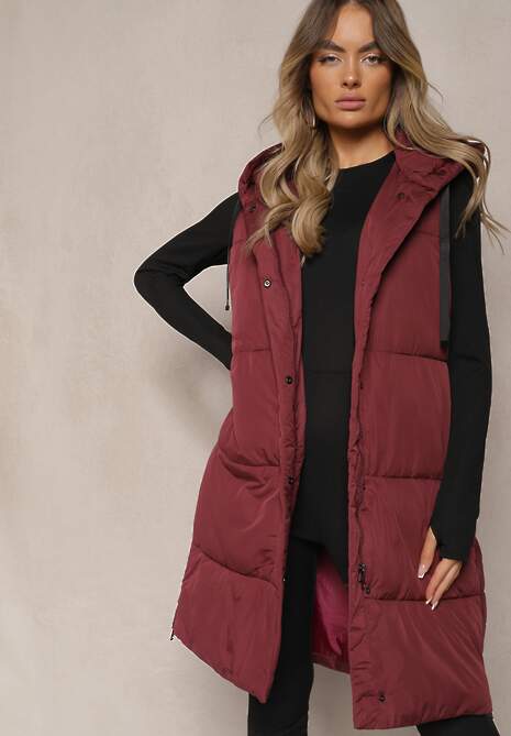 Bordowa Kamizelka Pikowana Wykończona Kapturem i Sznurkami Quinaria