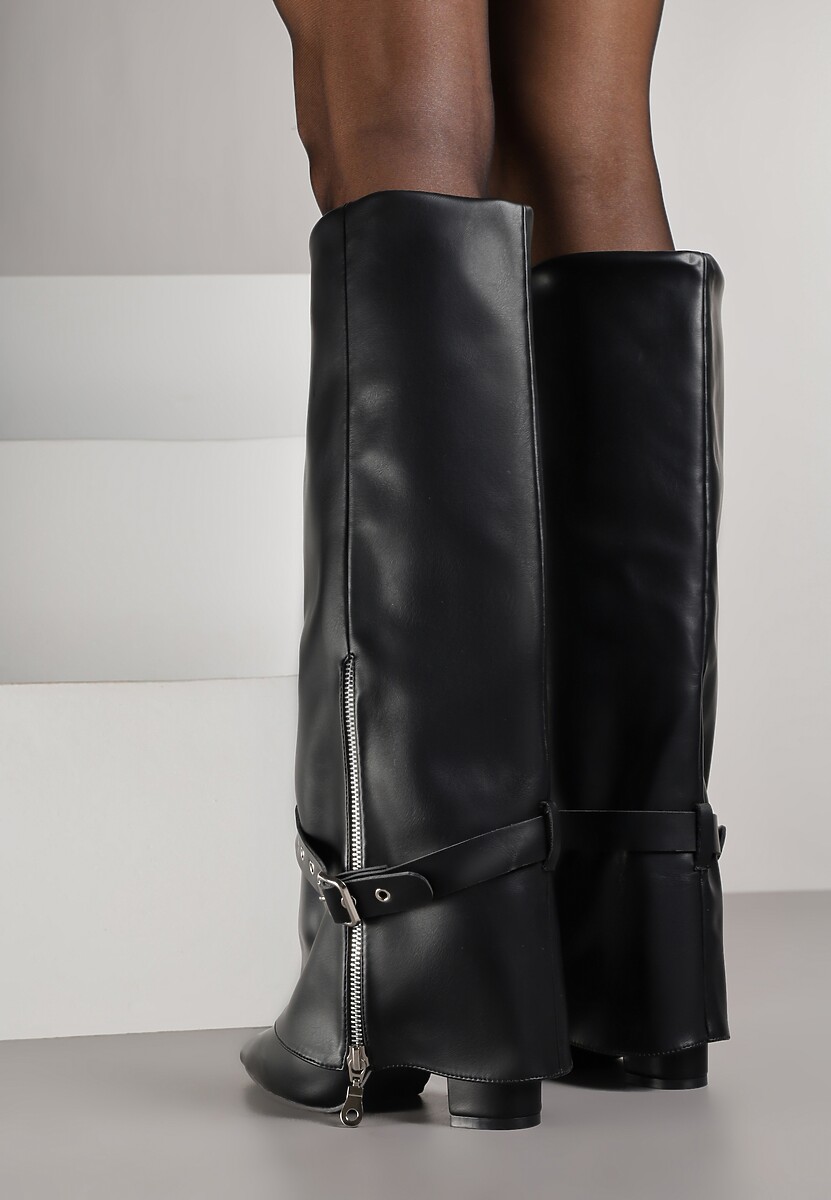 Czarne Kozaki na Obcasie z Wywiniętą Cholewką z Suwakiem i Sprzączką Fennoria