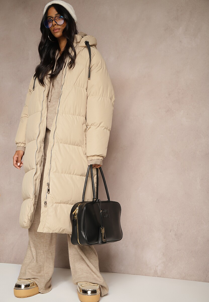 Zielona Długa Kurtka Pikowana z Kapturem Serea