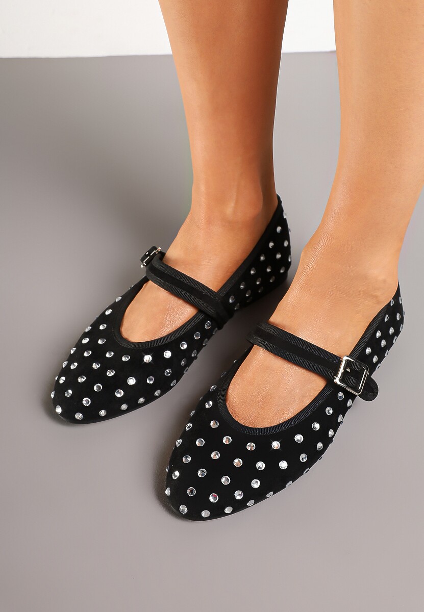 Czarne Balerinki z Ekozamszu z Zapięciem na Klamerkę Ozdobione Cyrkoniami Daisanna