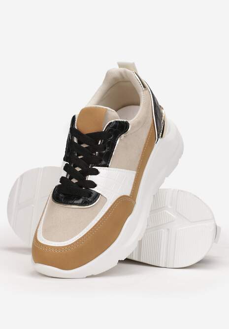 Brązowe Sneakersy na Platformie z Tłoczoną i Metaliczną Wstawką z Tyłu Biorli