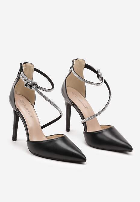 Czarne Szpilki Ozdobione Paskiem z Cyrkonii i Suwakiem Quenevia