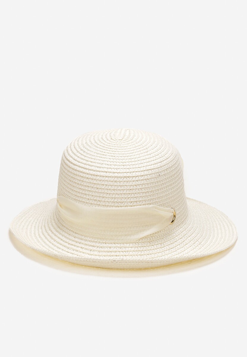 Beżowy Pleciony Kapelusz z Kokardką i Szerokim Rondem Maronia