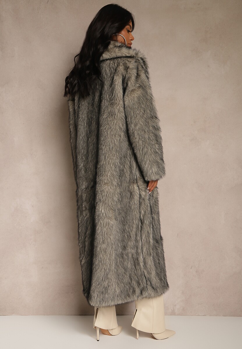 Beżowo-Czarny Płaszcz Futerko o Długim Kroju Ozdobiony Kołnierzem Cannesa