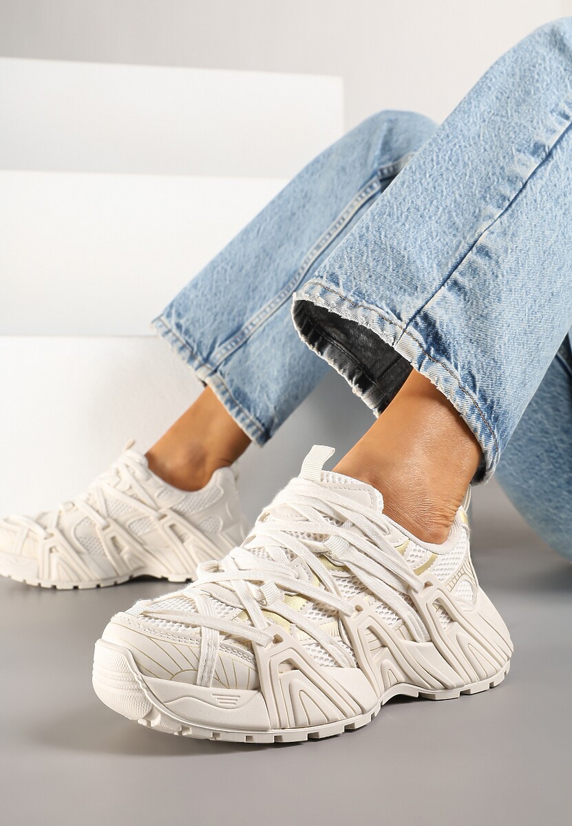 Beżowe Sneakersy Ozdobione Geometrycznym Motywem Pollines