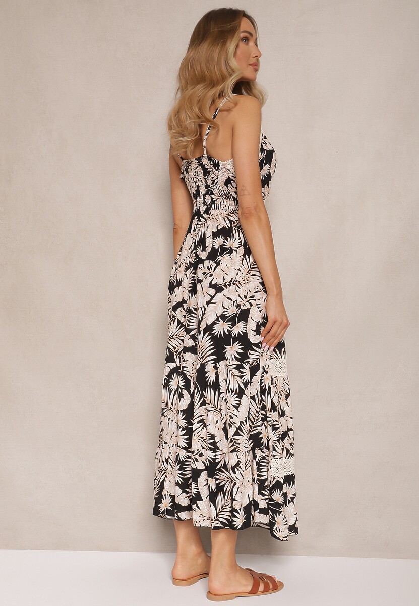 Czarna Rozkloszowana Sukienka z Bawełny w Tropikalny Print z Koronką Alulora