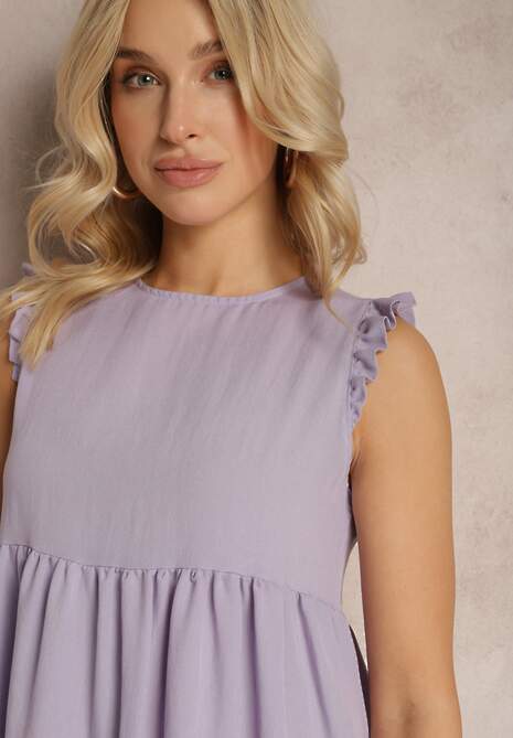 Fioletowa Sukienka z Wiskozy z Falbanką przy Rękawie i Wiązaniem z Tyłu Mloelia