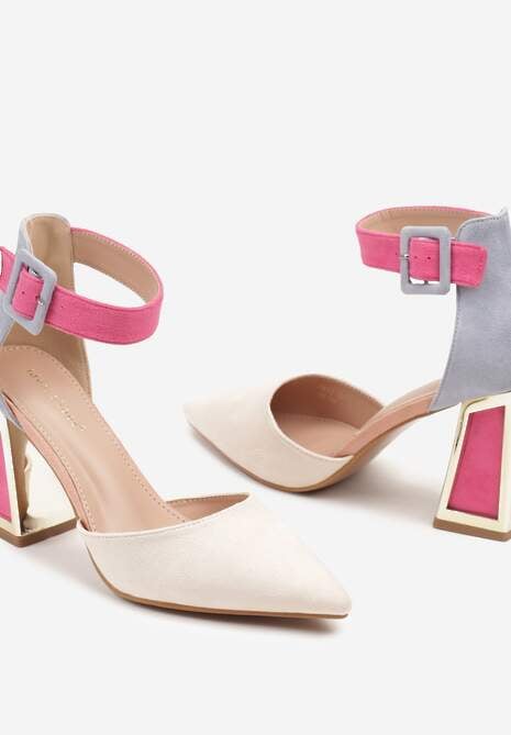 Beżowo-Różowe Czółenka na Stożku Ozdobione Paskiem Wokół Kostki i Metaliczną Aplikacją Tiliri