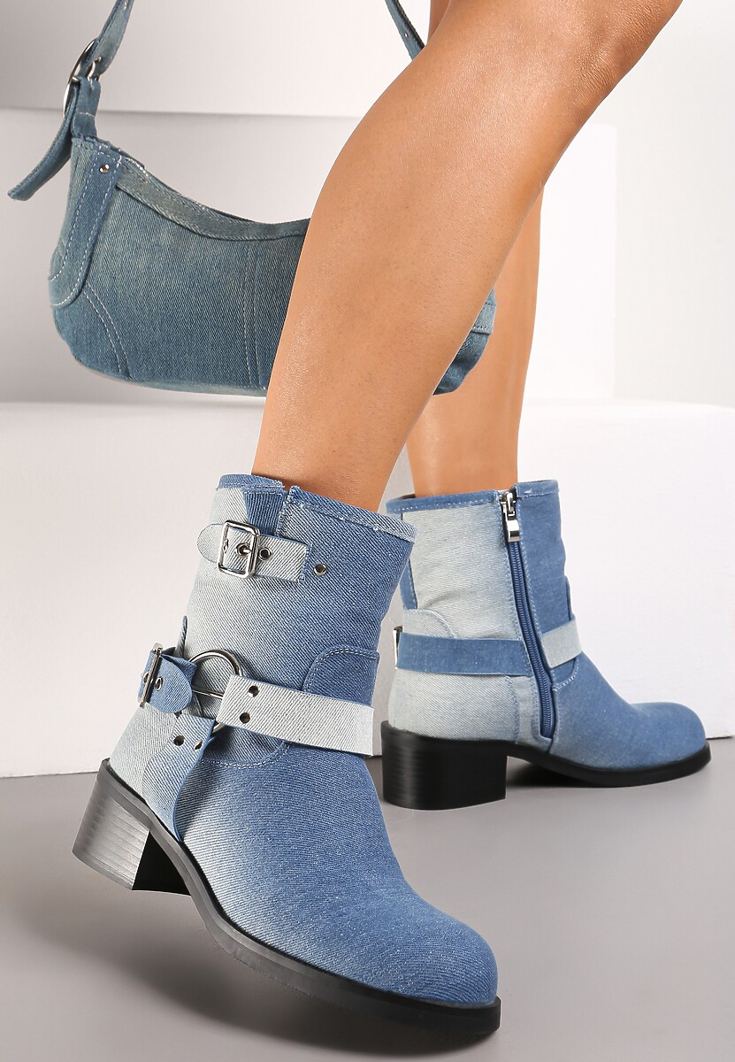 Niebieskie Botki Bikery Ozdobione Paskami i Okrągłą Klamrą Warasa