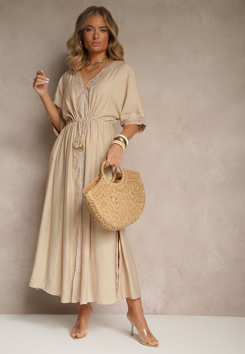 Beżowa Sukienka z Wiskozy Ozdobiona Ażurowymi Wstawkami Aloviana