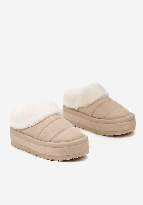 Beżowe Niskie Śniegowce Ekozamszowe na Platformie z Pikowaniem i Futerkiem Realira