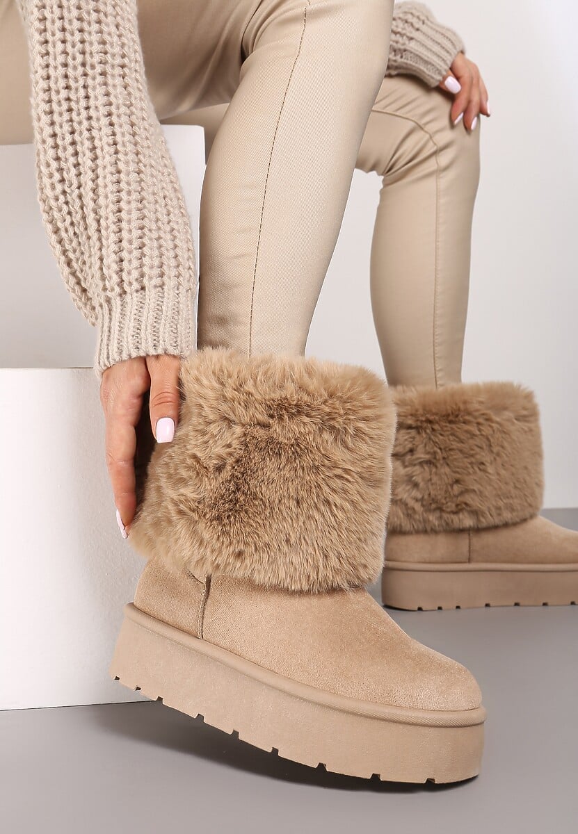 Ciemnobeżowe Śniegowce na Grubej Podeszwie Ozdobione Futerkiem Naolani