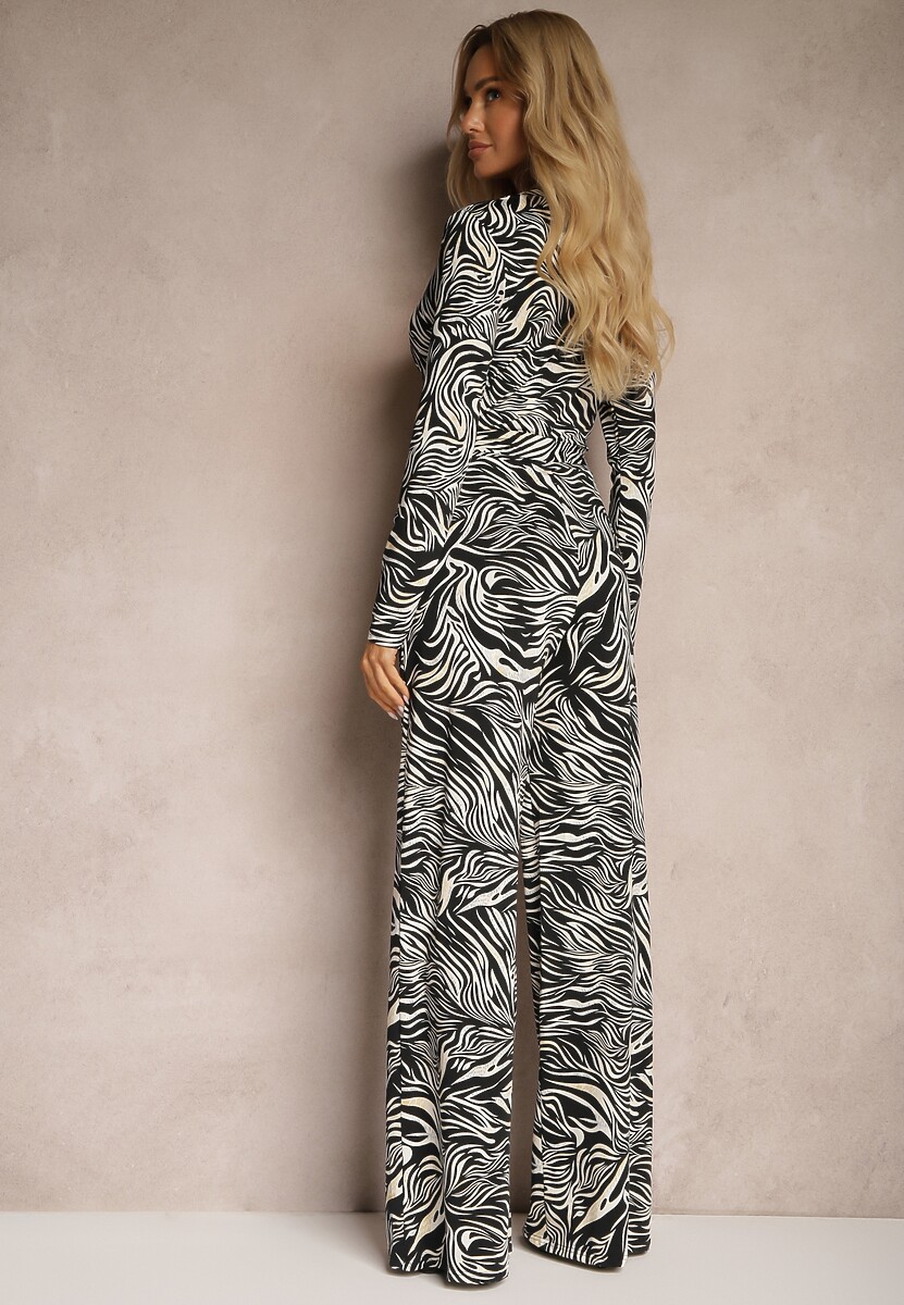 Biało-Czarny Kombinezon Ozdobiony Wzorem w Tygrysie Paski Wiązany w Talii Sairise