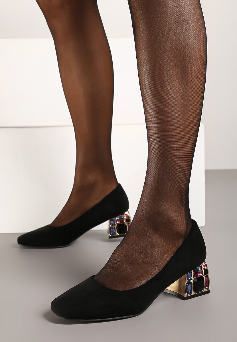 Bordowe Czółenka na Słupku Ozdobione Kryształkami ze Skórzaną Wkładką Ovirora