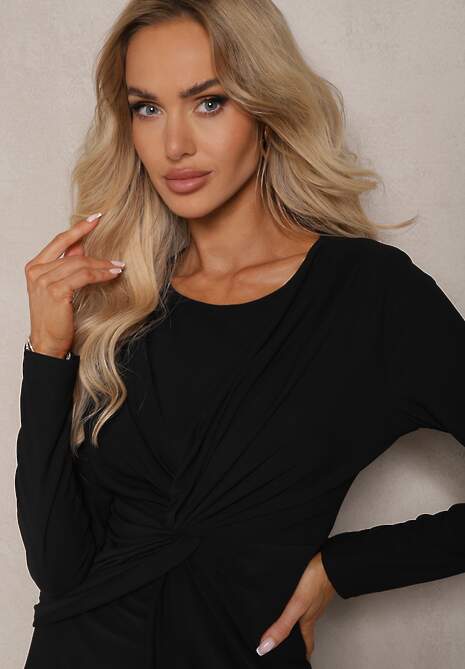 Czarna Sukienka o Asymetrycznym Kroju z Marszczeniem i Supełkiem w Talii Bellis