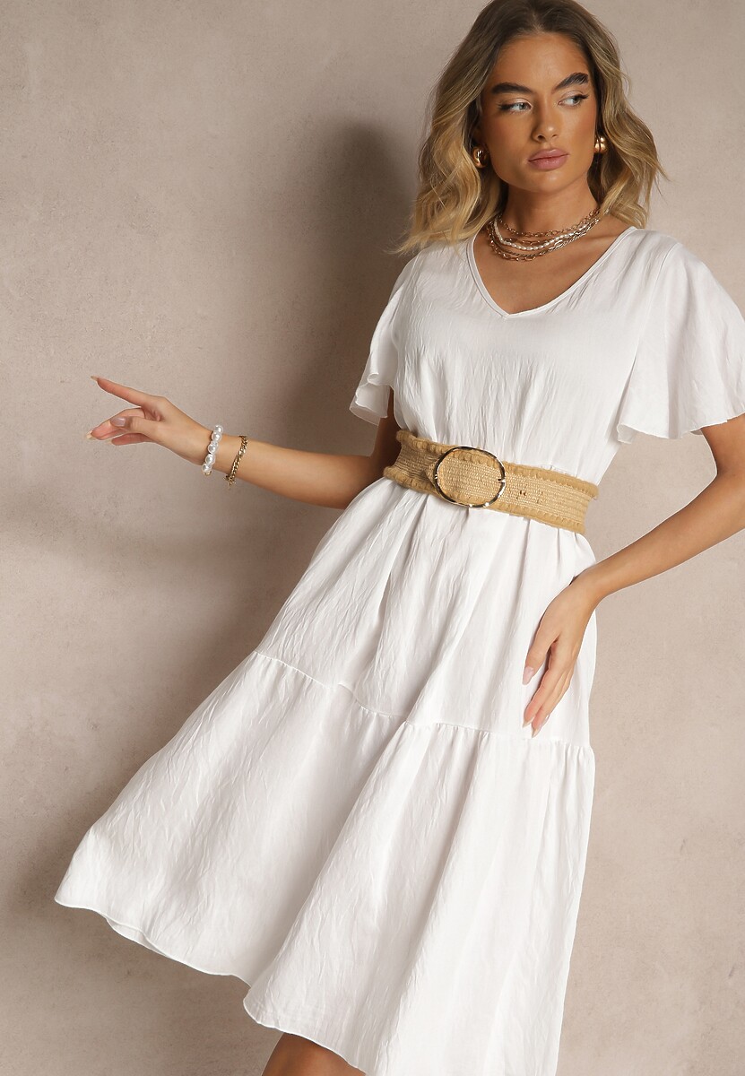 Biała Rozkloszowana Sukienka z Wiskozy z Dekoltem w Serek Natasella