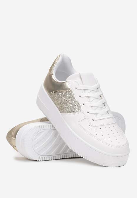 Biało-Złote Sneakersy z Cholewką przed Kostkę z Metalicznymi i Brokatowymi Wstawkami Kazma