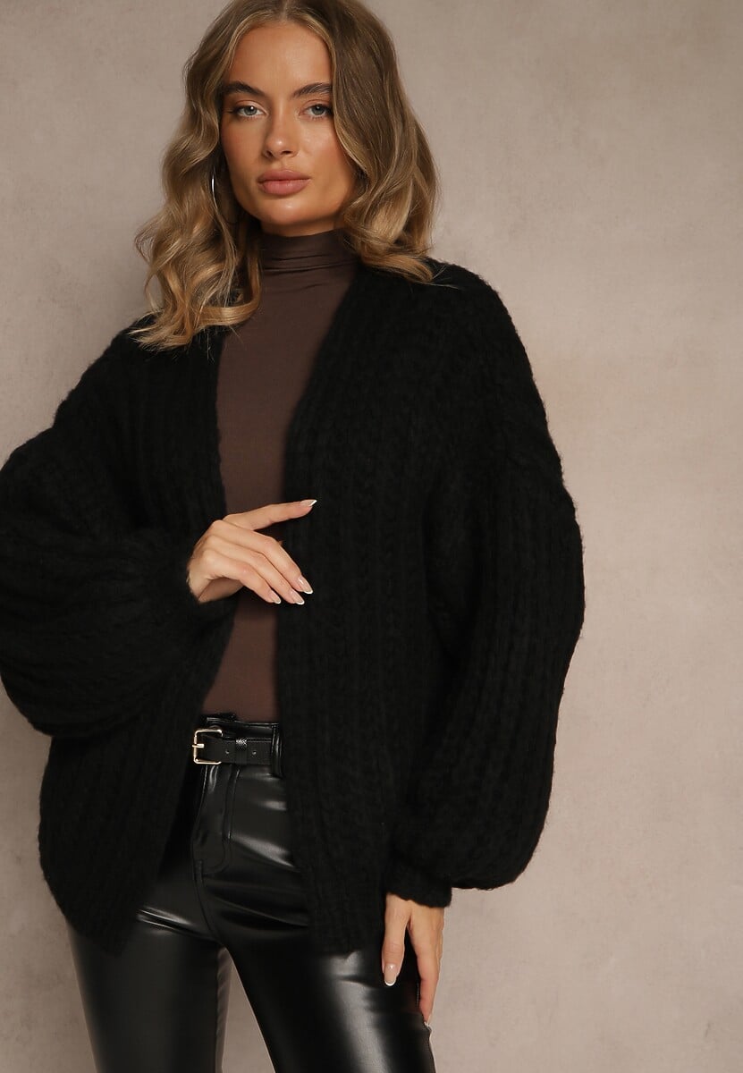 Brązowy Oversizowy Kardigan Bez Zapięć z Dodatkiem Wełny i Wiskozy Titanesa