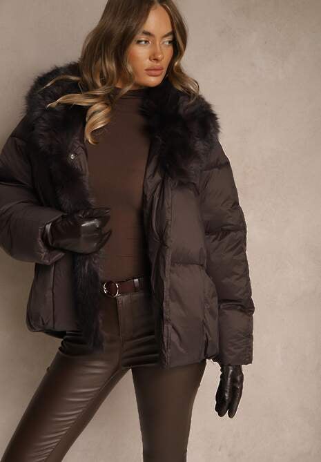 Brązowa Oversizowa Kurtka z Pikowanymi Przeszyciami i Futrem Silvitila