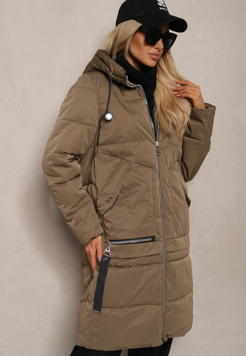 Czarna Kurtka z Pikowaniem o Prostym Fasonie z Kapturem Kieszeniami i Ozdobnym Suwakiem Mirimae