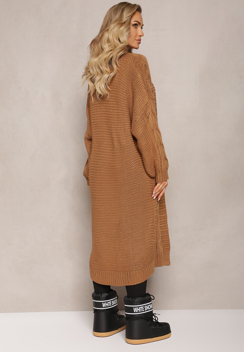 Brązowy Długi Kardigan z Ozdobnym Szerokim Splotem Havsana