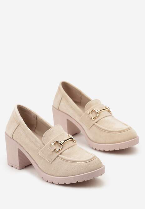 Beżowe Półbuty Mokasyny na Słupku z Platformą Ozdobione Klamrą Acridna