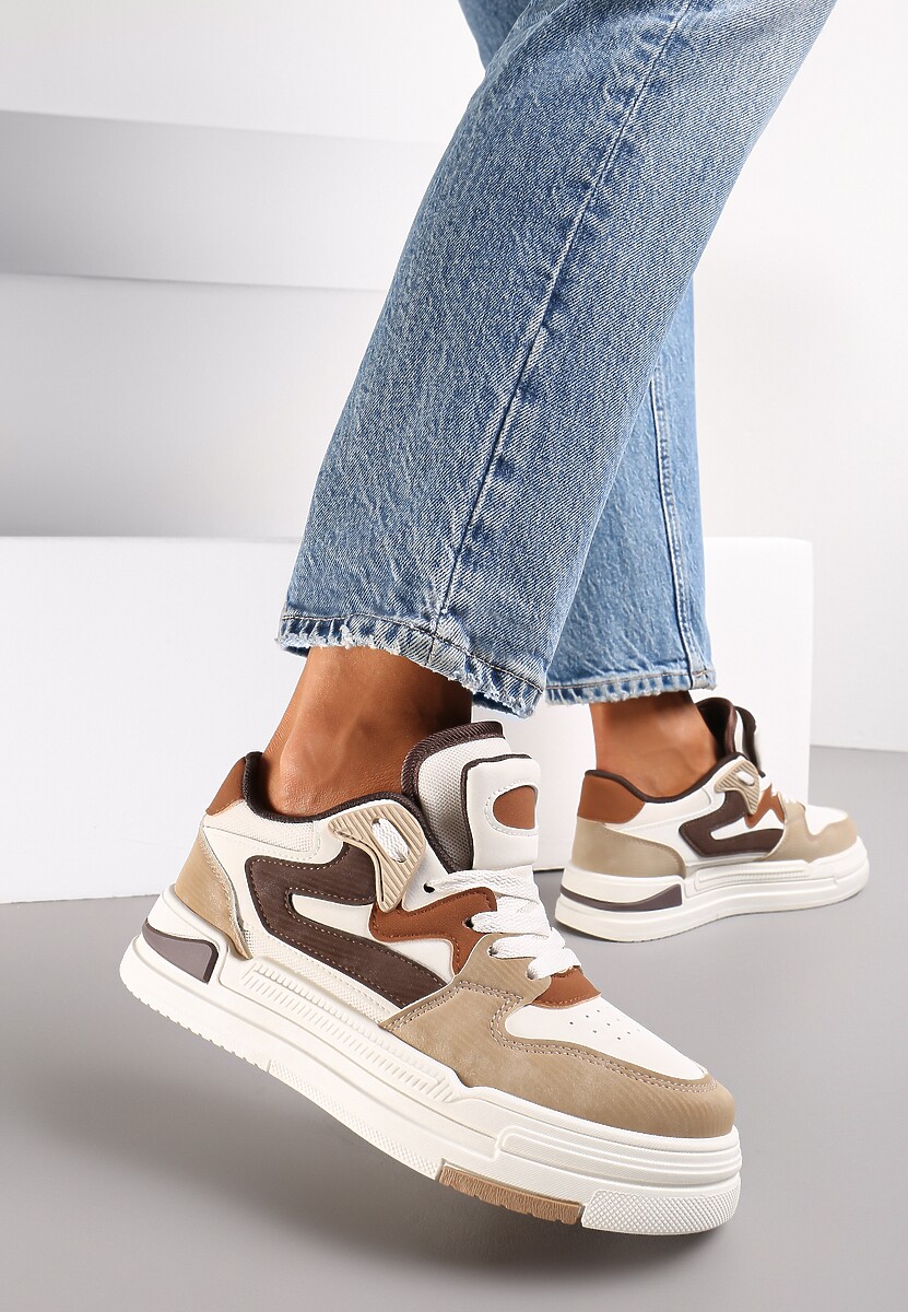 Zieloneo-Białe Sneakersy Ozdobione Wstawkami i Perforacją z Imitacji Skóry Cressia