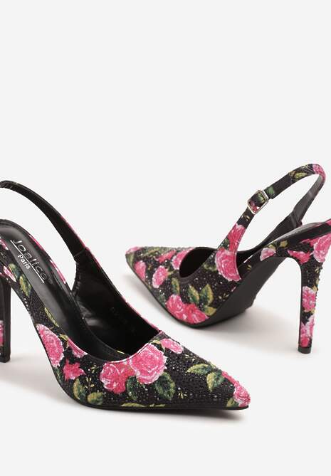 Czarne Sandały na Szpilce z Odkrytą Piętą w Kwiatowy Print Negloria