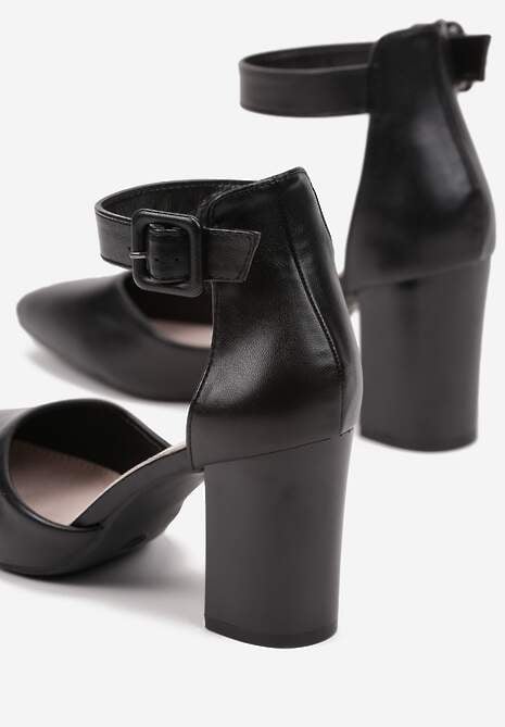 Czarne Czółenka na Słupku ze Skórzaną Wkładką i Paskiem przy Kostce Alorelle