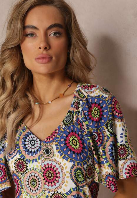 Biało-Granatowa Wiskozowa Sukienka Maxi w Kwiaty z Rozkloszowanym Dołem i Falbanką Pathna