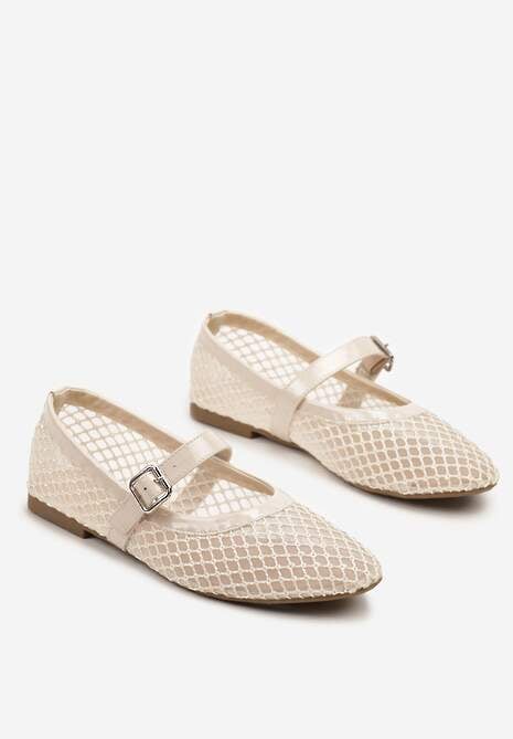 Beżowe Siateczkowe Balerinki w Stylu Mary Jane Annivira