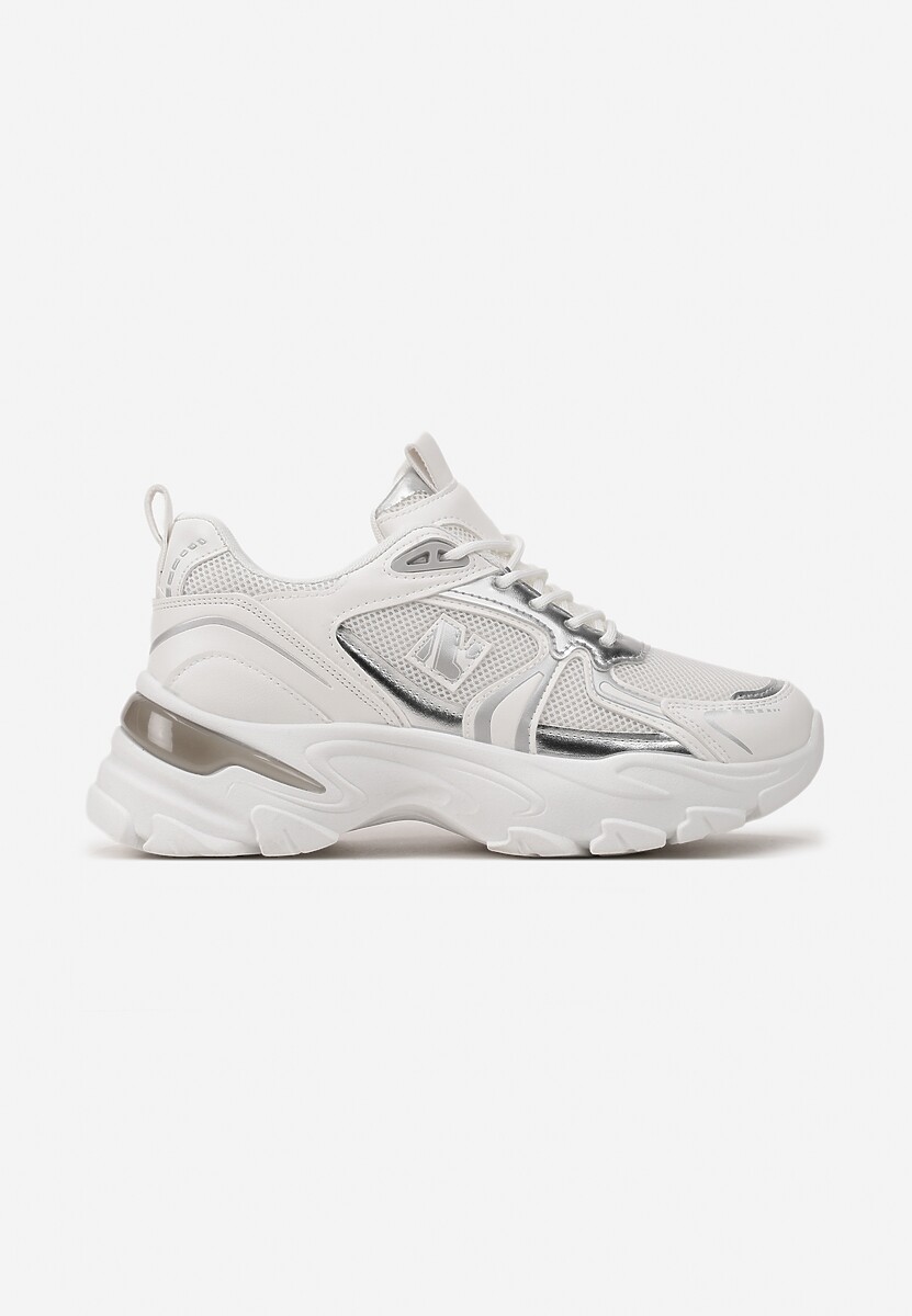 Biało-Srebrne Sznurowane Sneakersy z Siateczką i Wycięciami Solenare