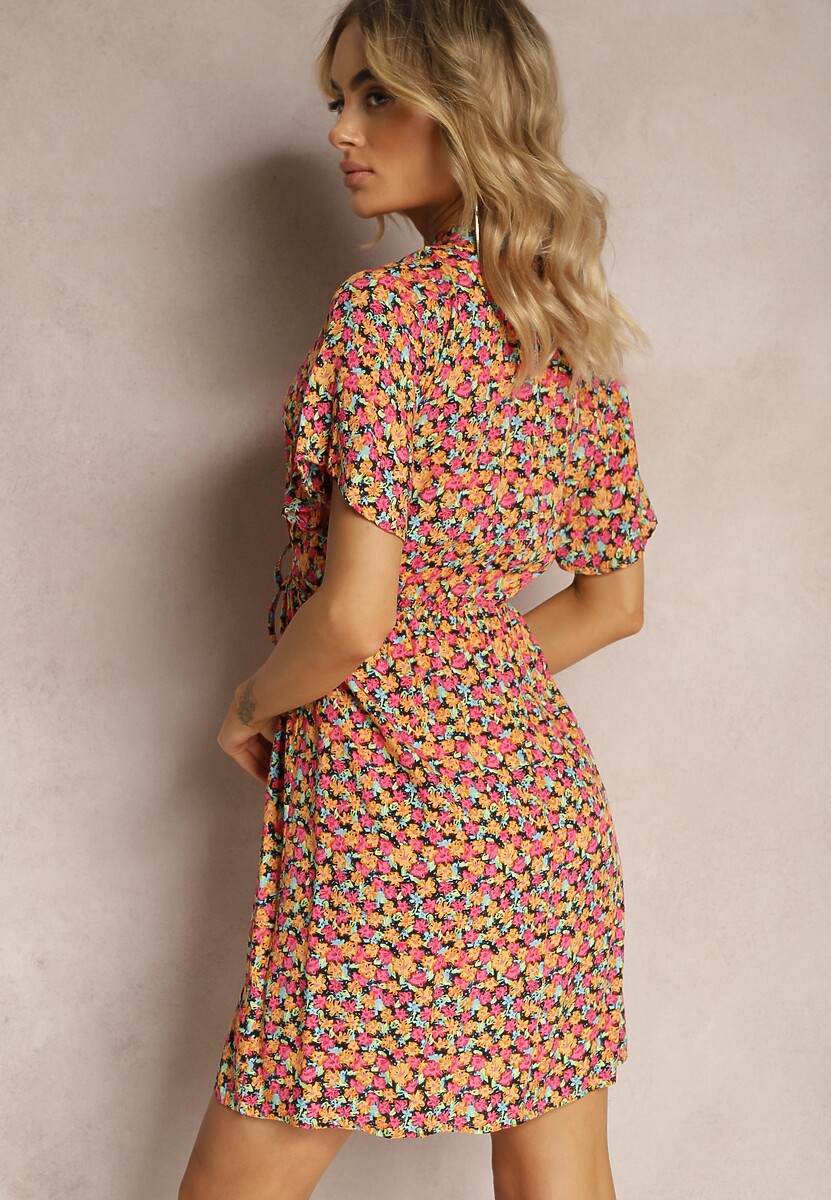 Pomarańczowa Sukienka w Drobny Wzór o Rozkloszowanym Fasonie Wiązana w Talii Ferettia