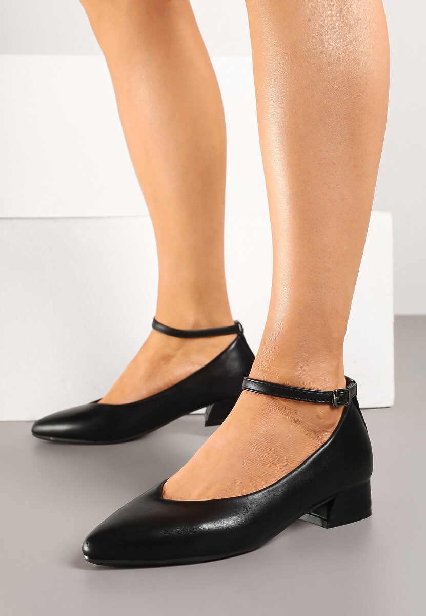 Czarne Błyszczące Czółenka na Słupku z Wkładką ze Skóry Naturalnej z Ozdobnym Paskiem Norzeri