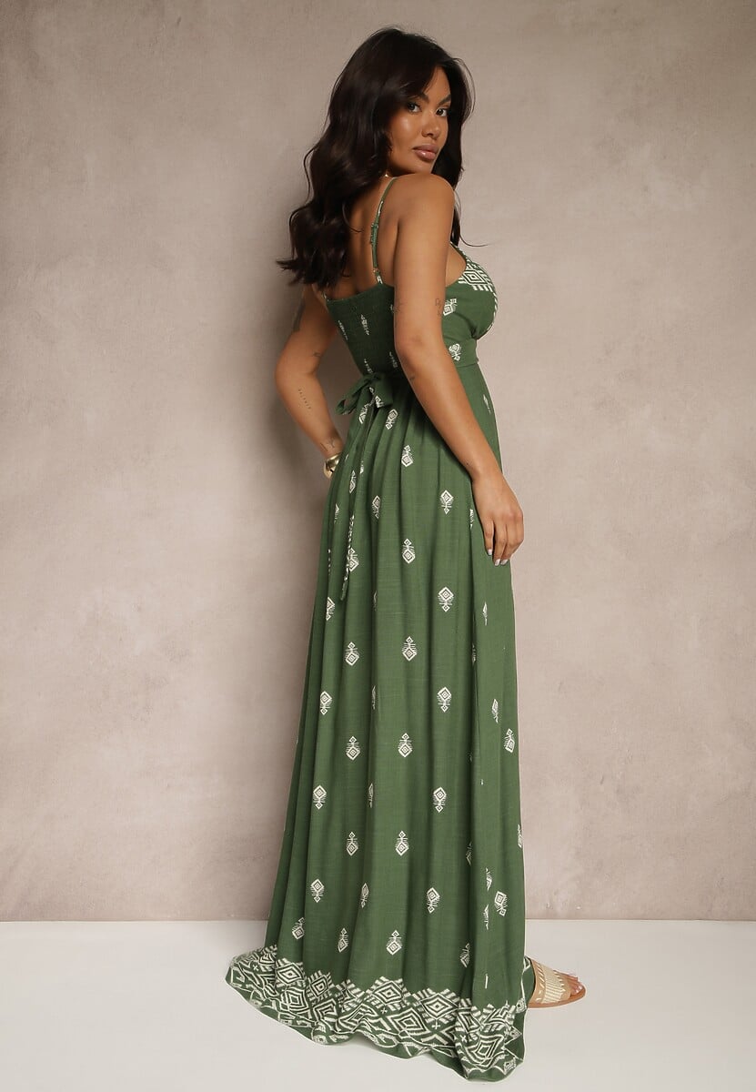 Zielona Kopertowa Sukienka na Ramiączkach z Bawełny z Wiązanym Paskiem Reveesia