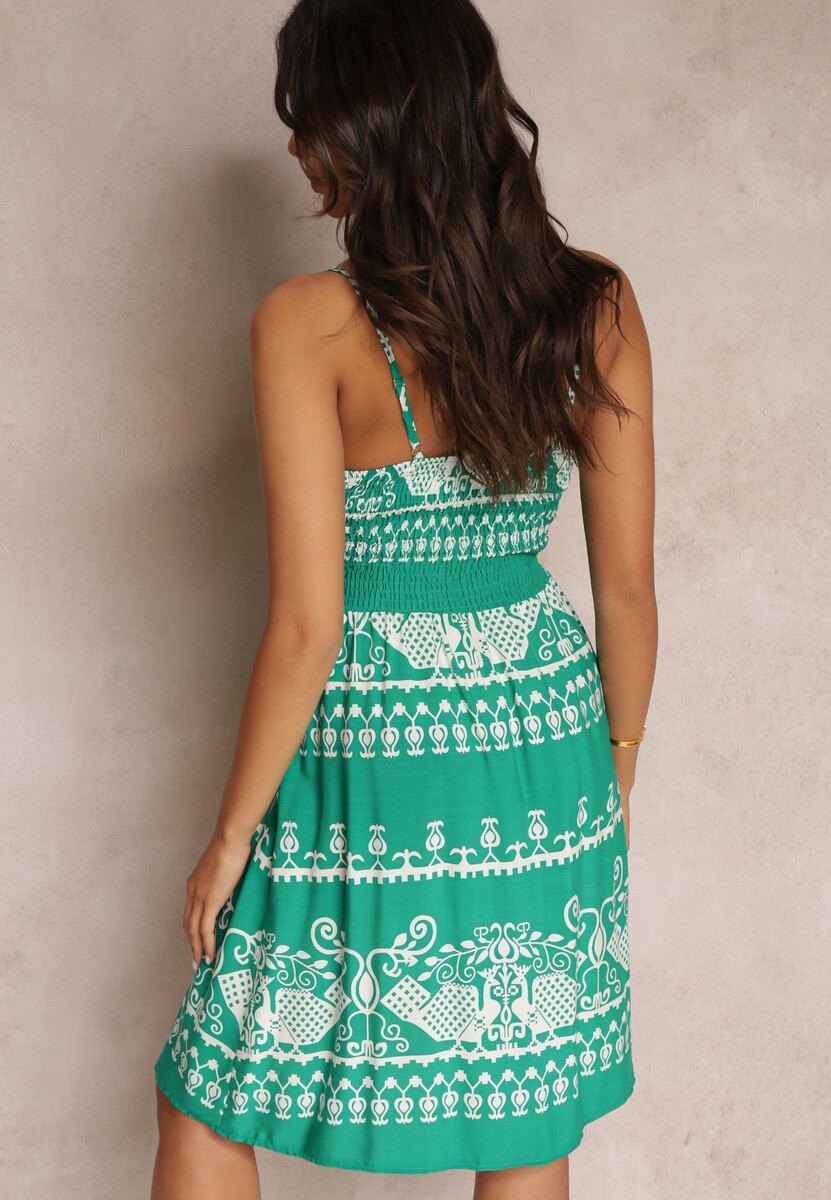 Zielona Wiskozowa Sukienka z Gumką w Pasie w Etno Wzór Placenta