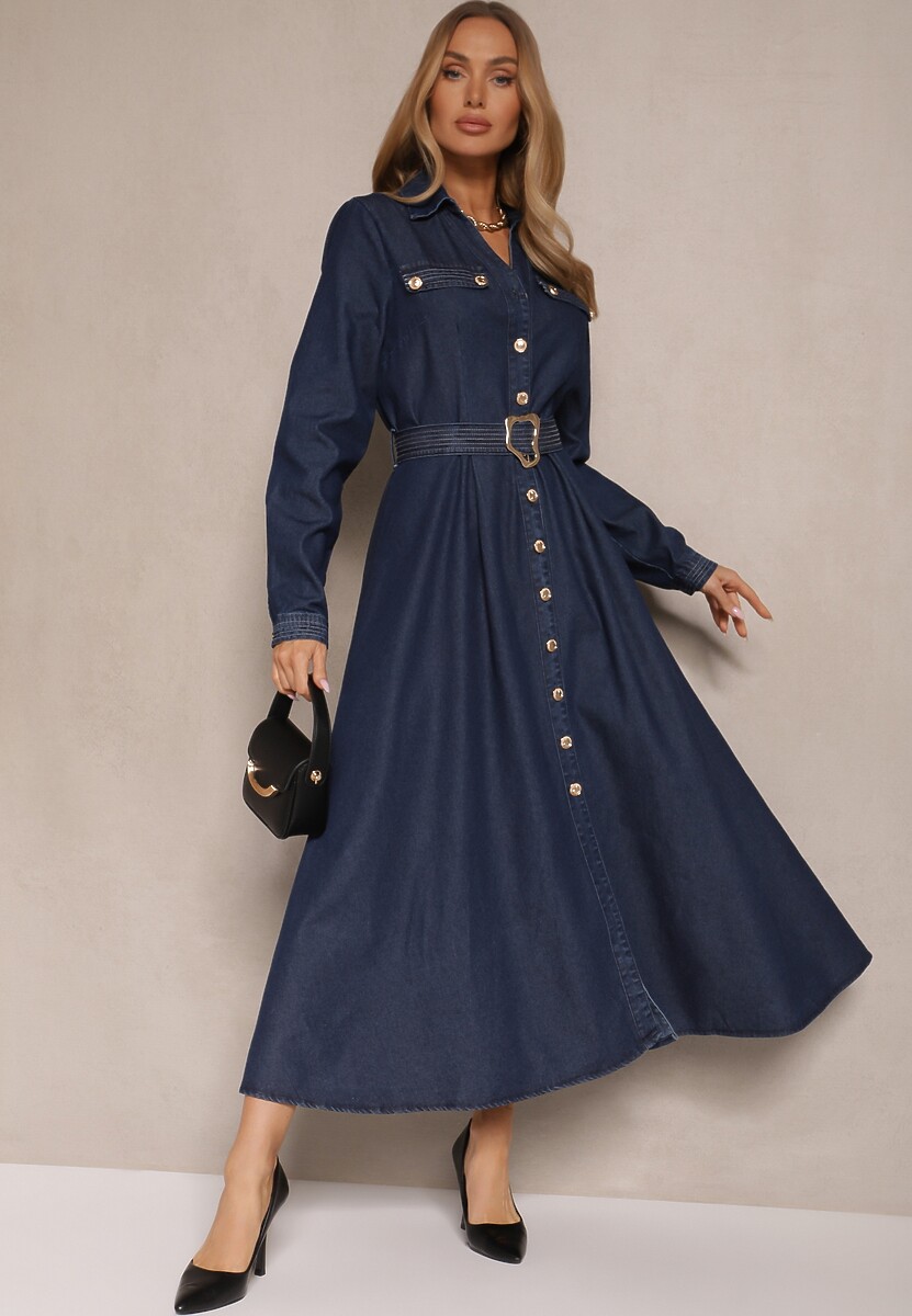 Granatowa Wiskozowa Sukienka Koszulowa z Bawełną Ozdobiona Paskiem Halanoria