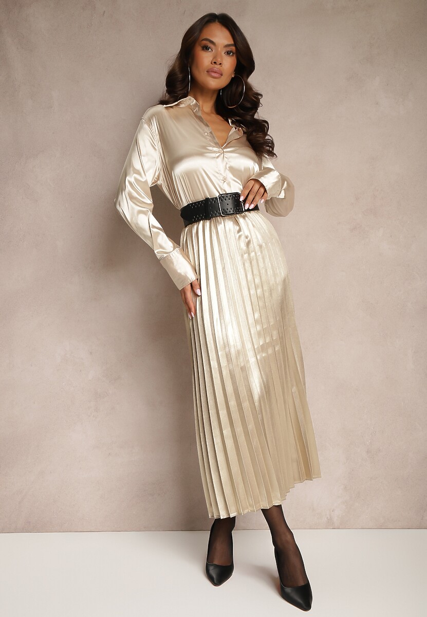 Beżowa Połyskująca Spódnica Plisowana Maxi Vilira