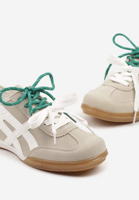 Beżowe Sneakersy Ozdobione Geometrycznym Wzorem i Podwójnym Sznurowaniem Hirozi