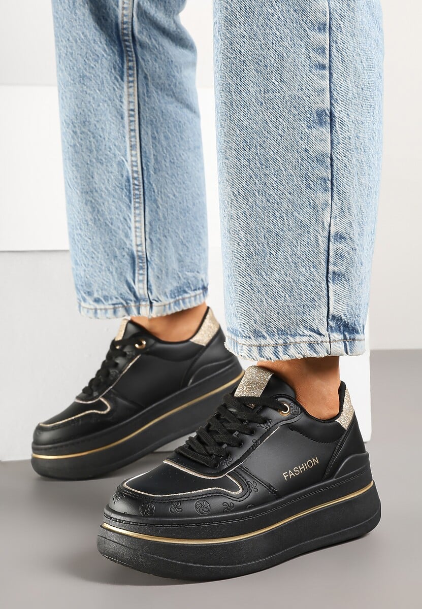 Biało-Czarne Sneakersy na Platformie Ozdobione Brokatem i Napisem Udivoria