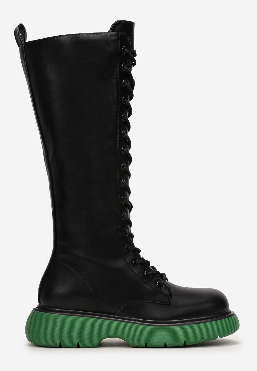 Czarno-Zielone Kozaki Sznurowane na Grubej Podeszwie Zolmi
