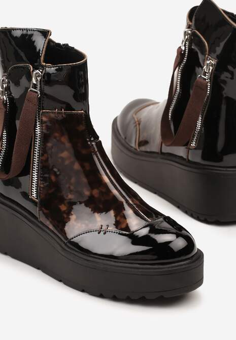 Czarno-Brązowe Botki Lakierowane Vices na Koturnie i Platformie Ozdobione Suwakiem Gattie