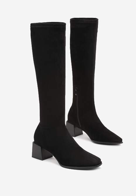 Czarne Kozaki na Słupku z Imitacji Zamszu Haziela