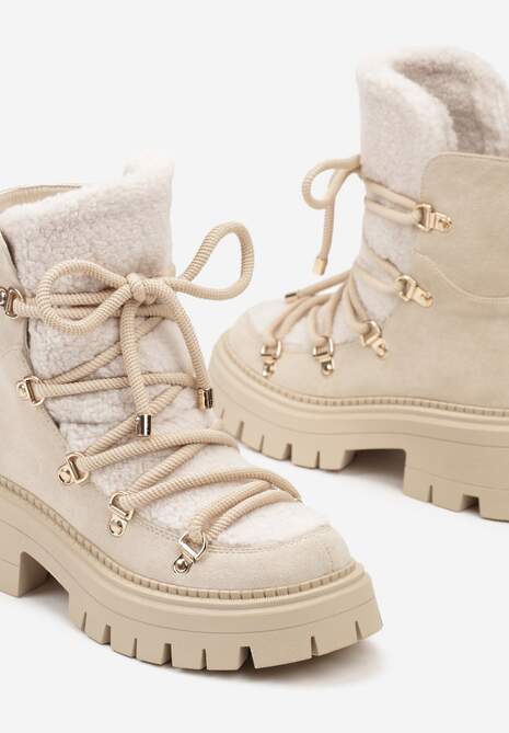 Beżowe Sznurowane Śniegowce na Platformie z Ociepleniem Innathiel