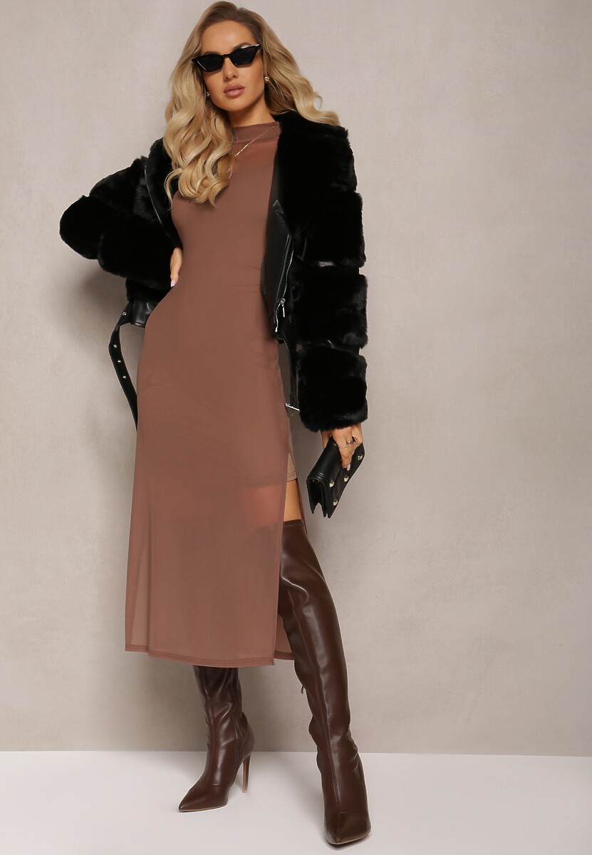 Jasnobrązowa Prześwitująca Sukienka Dzianinowa Midi z Halką Bavina