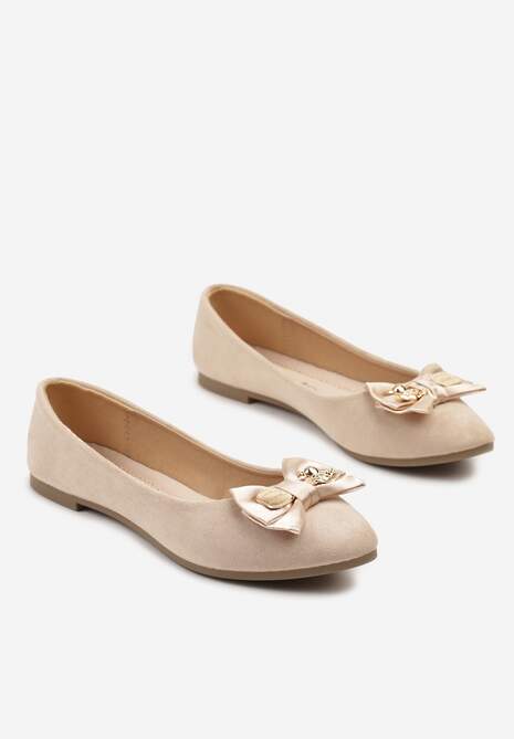 Beżowe Balerinki z Wkładką ze Skóry Naturalnej Ozdobione Kokardą Galunea