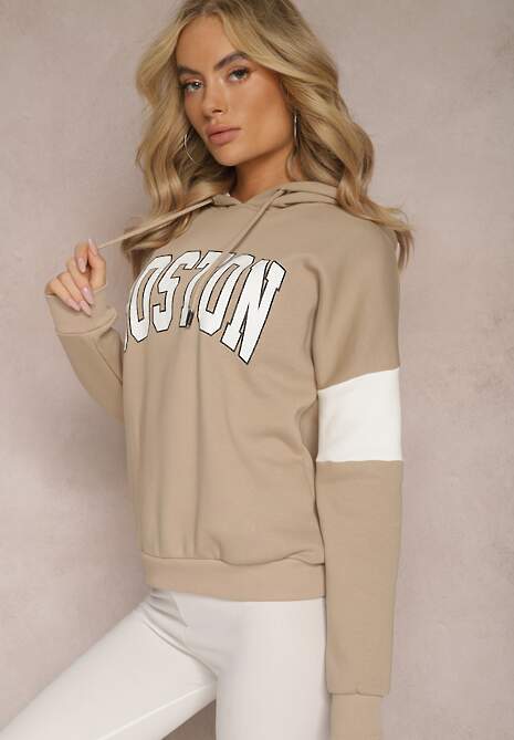Beżowa Bawełniana Bluza z Kapturem w Amerykańskim Stylu z Napisem i Polarem Iocaste