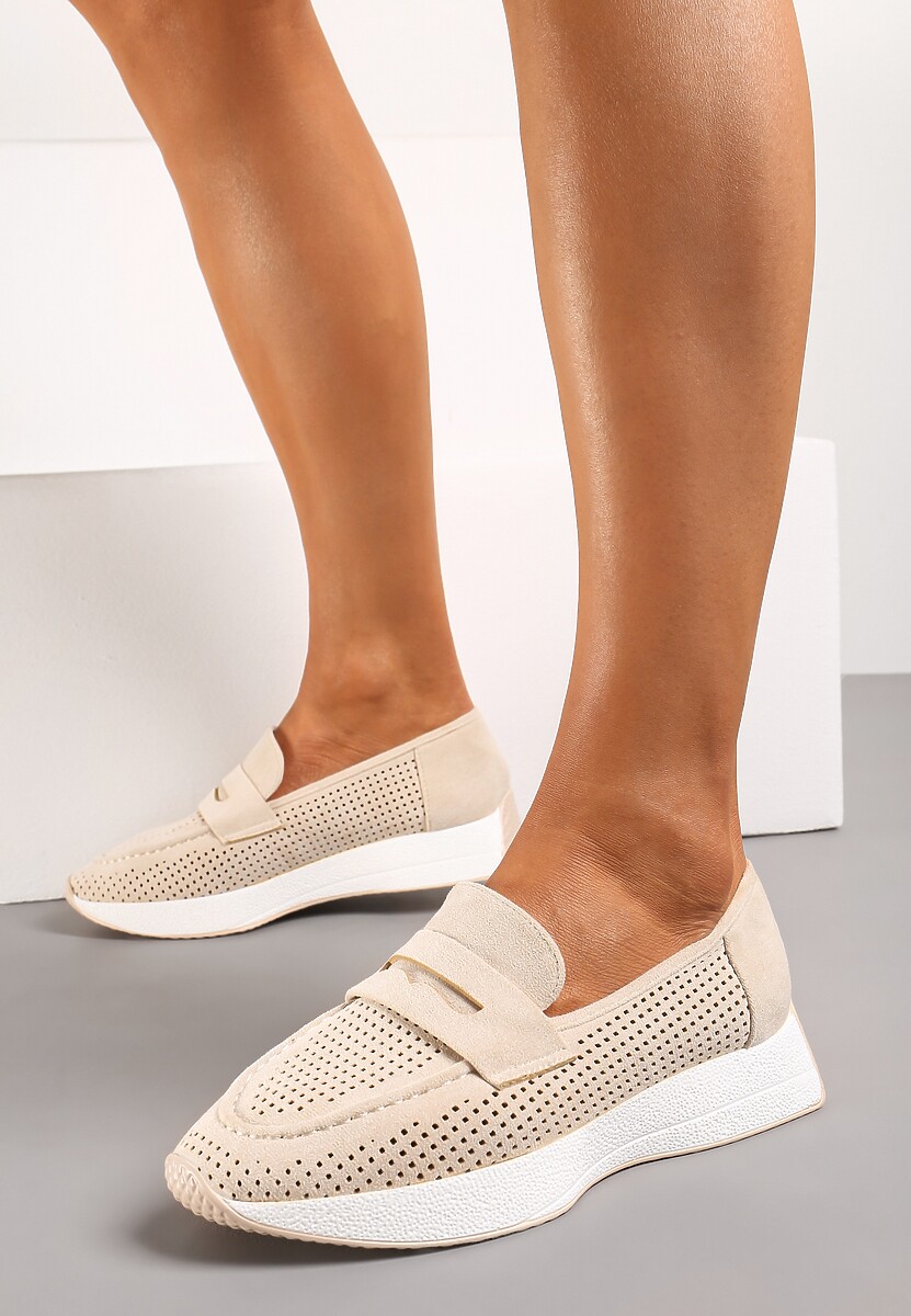 Beżowe Ażurowe Półbuty Mokasyny na Niewysokiej Platformie Zuni